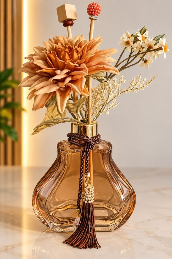 Vaso de Vidro Âmbar Decorativo com Arranjo Floral – 26 cm