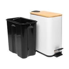 Lixeira Retangular de Metal 5L com Pedal e Tampa de Bambu Branca Lyor