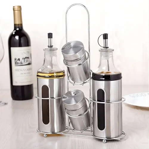 Jogo Galheteiro e Porta-Condimentos de Vidro com Suporte Inox 4 Peças – Tuut
